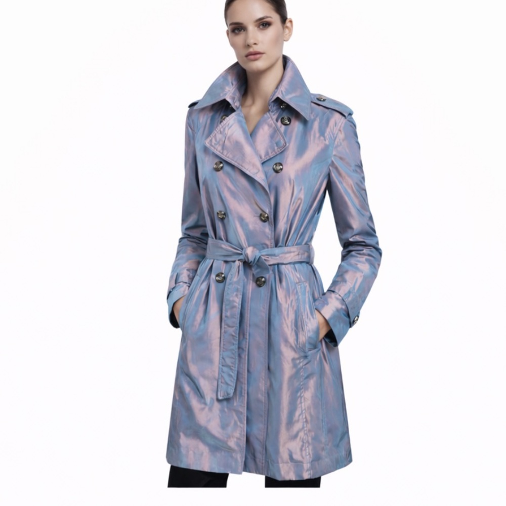 ST. JOHN trench coat Women's Iridescent Jacket - Pink and Blue belted lined